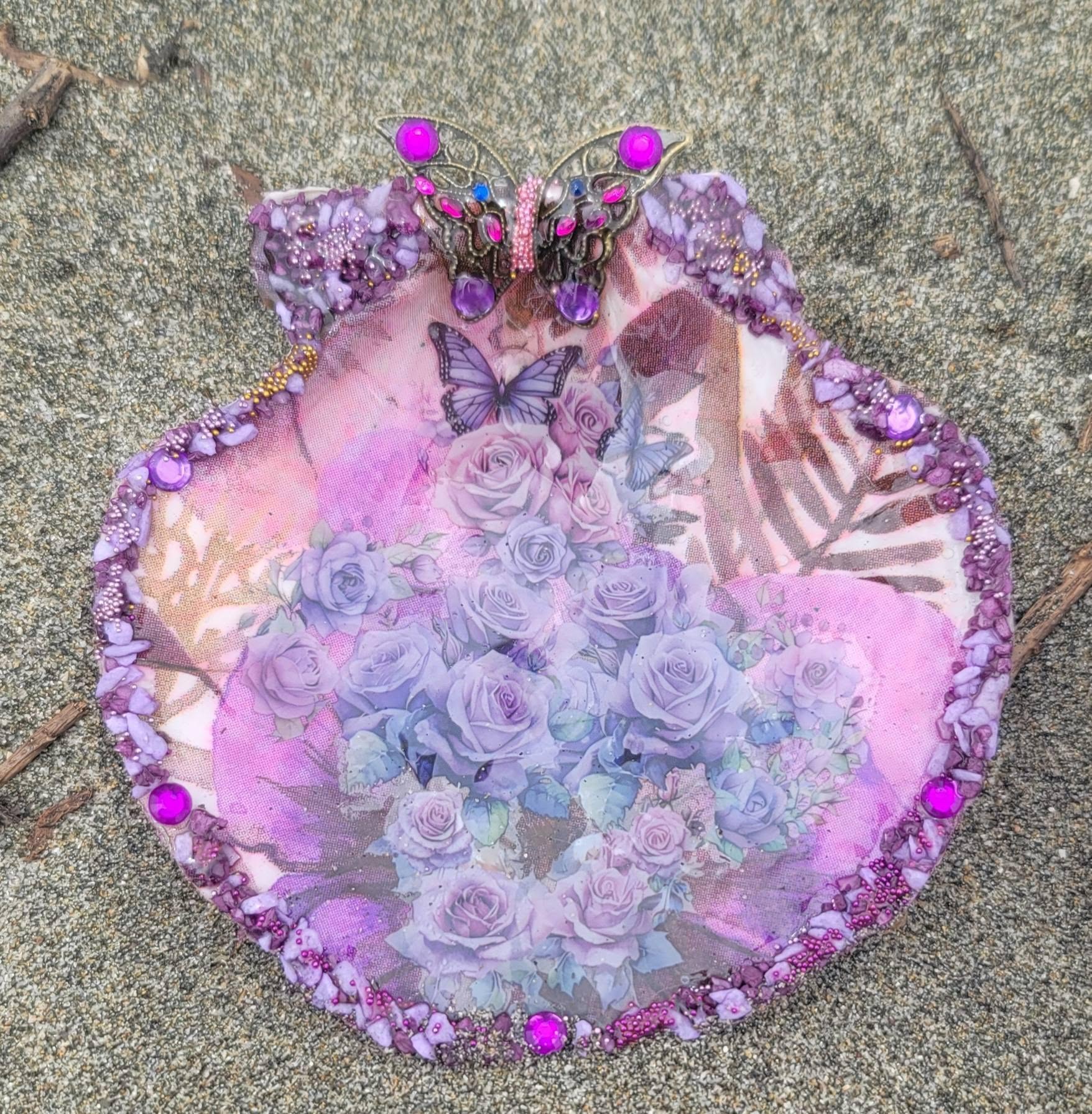 Purple scallop with roses, gems, and a butterfly